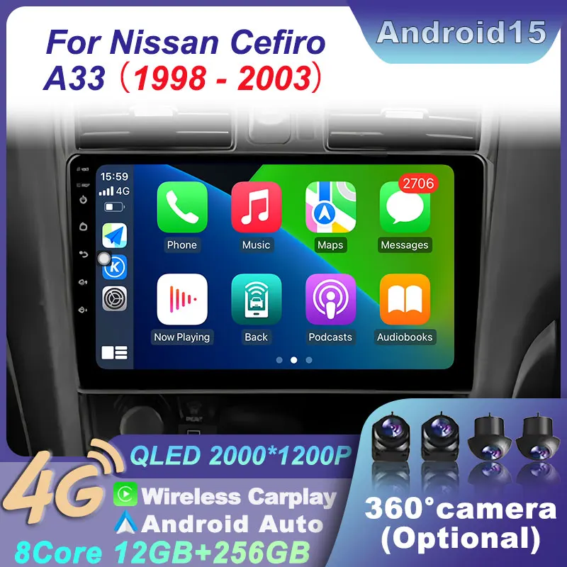 GPS Navigation High-Performance 2K Stereo Head Unit Carplay For Nissan Cefiro A33 1998-2003 Multimedia BT Screen WIFI Android 15