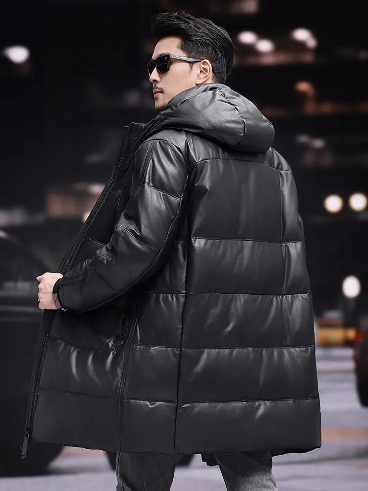 أعلى جودة الشتاء الرجال هودي طويل جلد البقر جلد طبيعي أوزة أسفل سترة سميكة معطف دافئ مستقيم سترة واقية خندق معطف #4