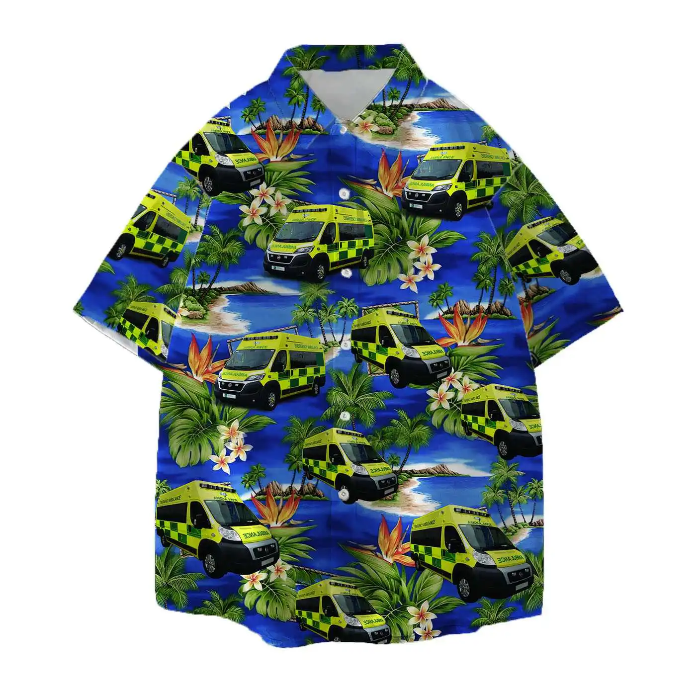 Jumeast Emergency Ambulance Men Hawaiian Shirt Palm Tree Graphic Aloha Shirts Car Vintage Streetwear Beach Blouse Youth Clothing