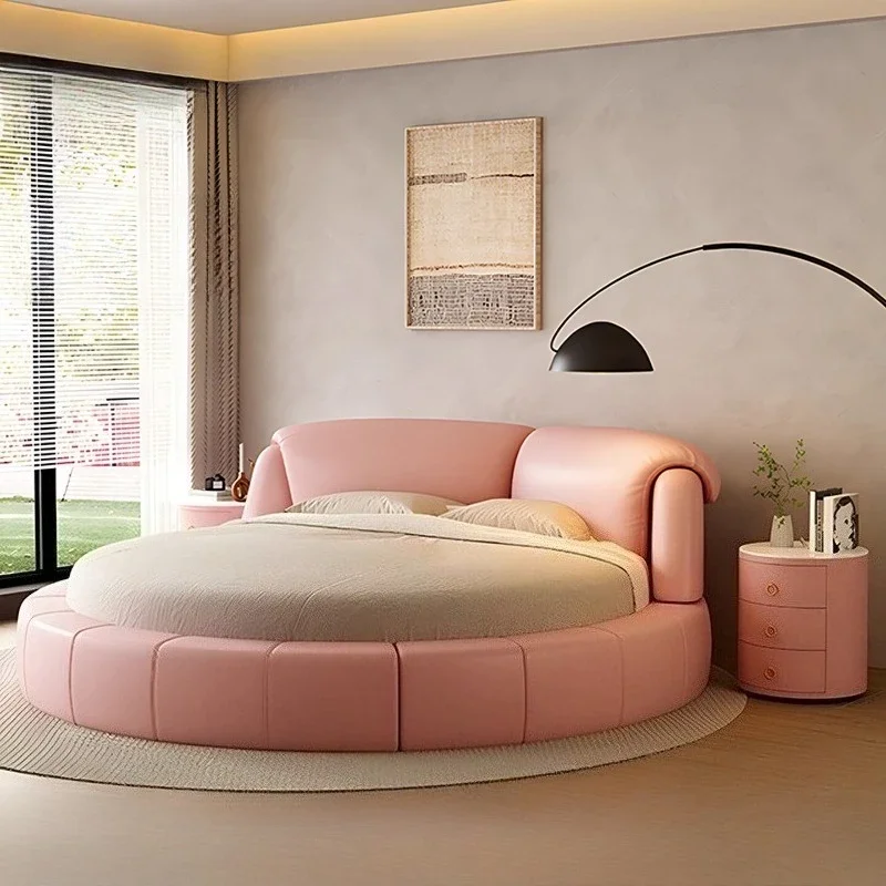 Bedroom Beds Frames Bedroom Furniture Home 180 200 220 Luxury Modern Genuine Leather Round Double Bed Full Size Bed Frame