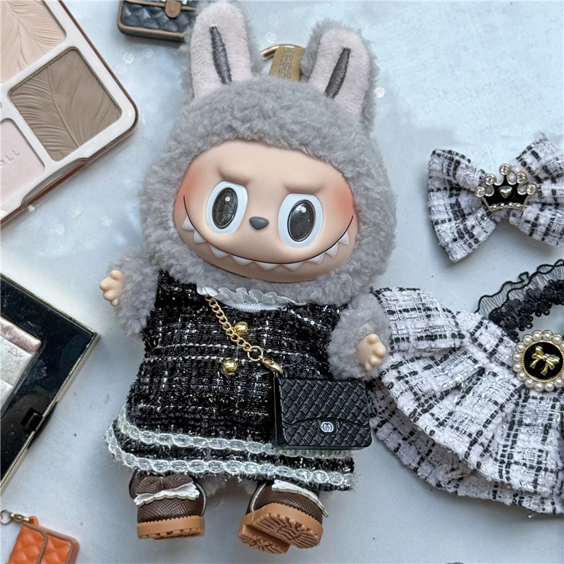 15 17 cm Voor Labubu Pop Hoge Kwaliteit Kleding Raster Stijl Kleine Geur Jurk Kleding Luxe Tas CryBaby Zitten Party serie