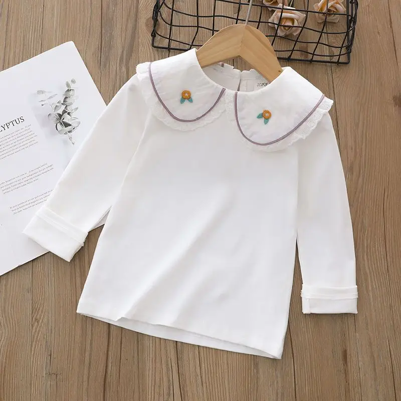 New Autumn Children\'s White Tops Casual Toddler Baby Pearl T-shirts Cotton Long Sleeve Flower Tshirt Kids Turn-down Collar Shirt