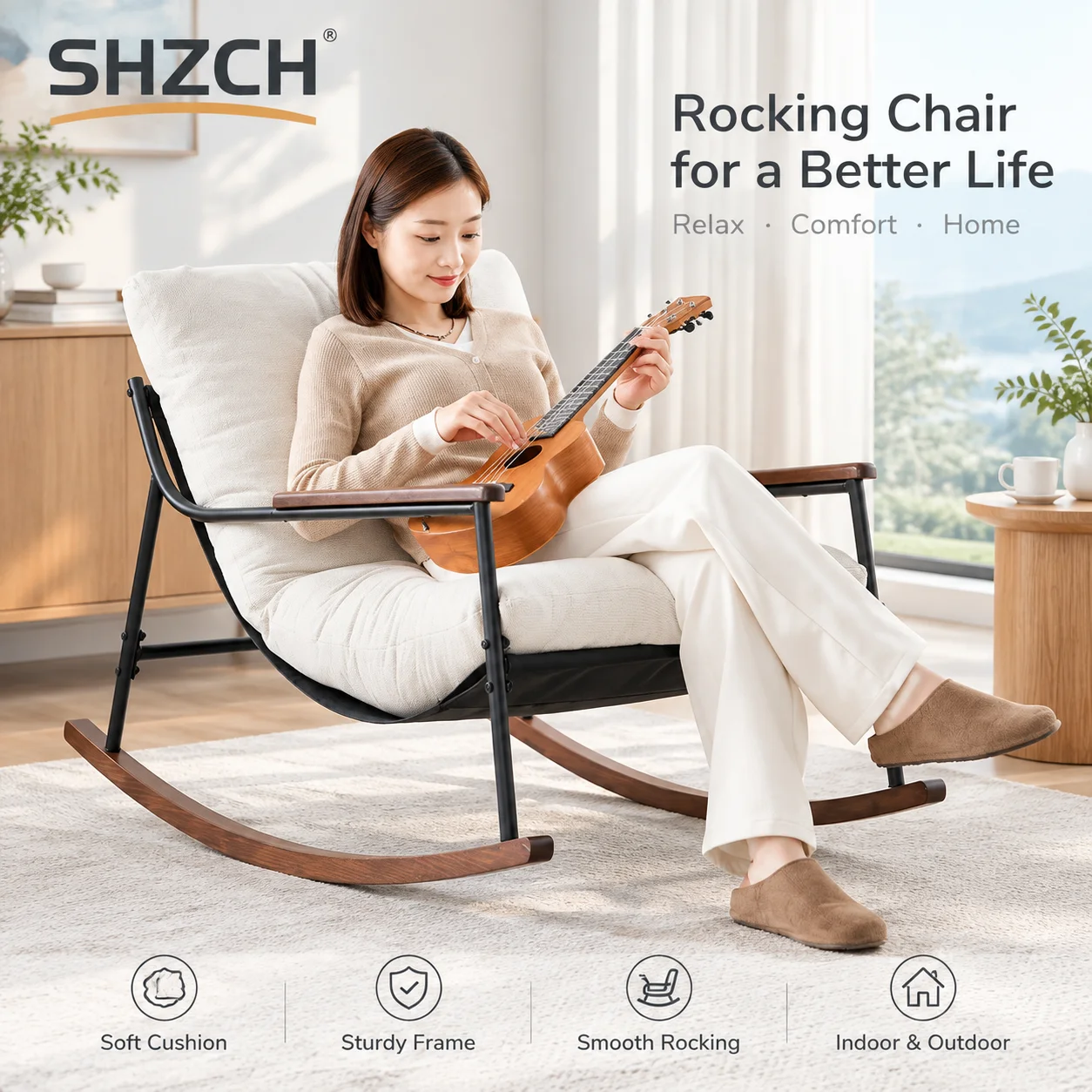 Metal Rocking Lounge Chair Adults Fabric Reclining Chair Nap Rocker for Home Balcony Ergonomic Relax Chair Washable