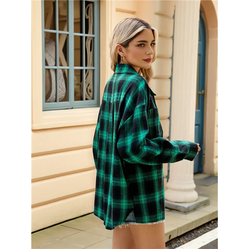 CGS-قمصان نسائية من الفلانيل بأزرار سفلية وأكمام طويلة منقوشة، بلوزة كاجوال للأعمال