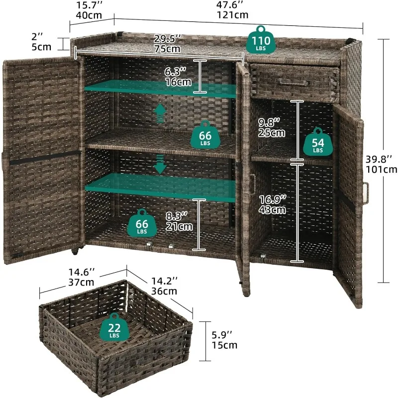 Armário de armazenamento externo, mesa de bar de vime à prova de intempéries com duas portas, prateleiras ajustáveis e gaveta dobrável e ferramentas de jardim