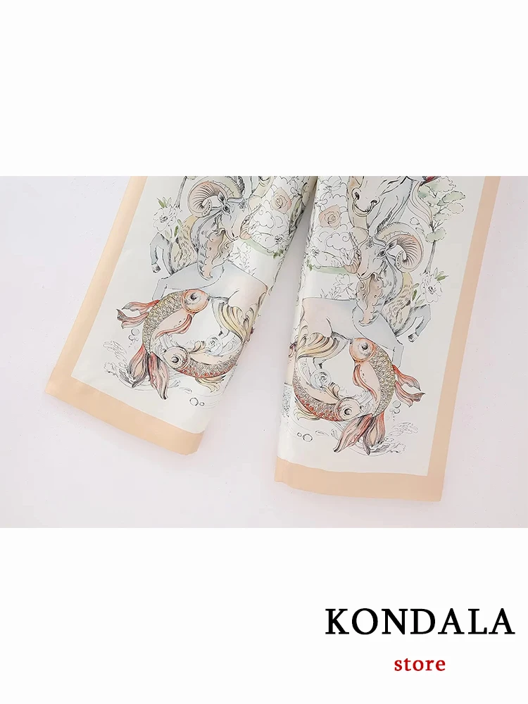 KONDALA Vintage Chic Print Holidady Set Casual Women Suit Fashion 2023 Long Sleeve Silk Oversized Shirt Wide Leg Drawstring Pant