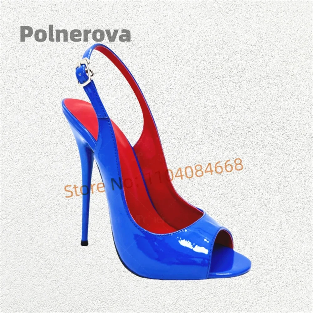 Женские сандалии из лакированной кожи с открытым носком 16/14 см, синие туфли-лодочки на шпильке с открытым носком, пикантная обувь для косплея, вечерние туфли