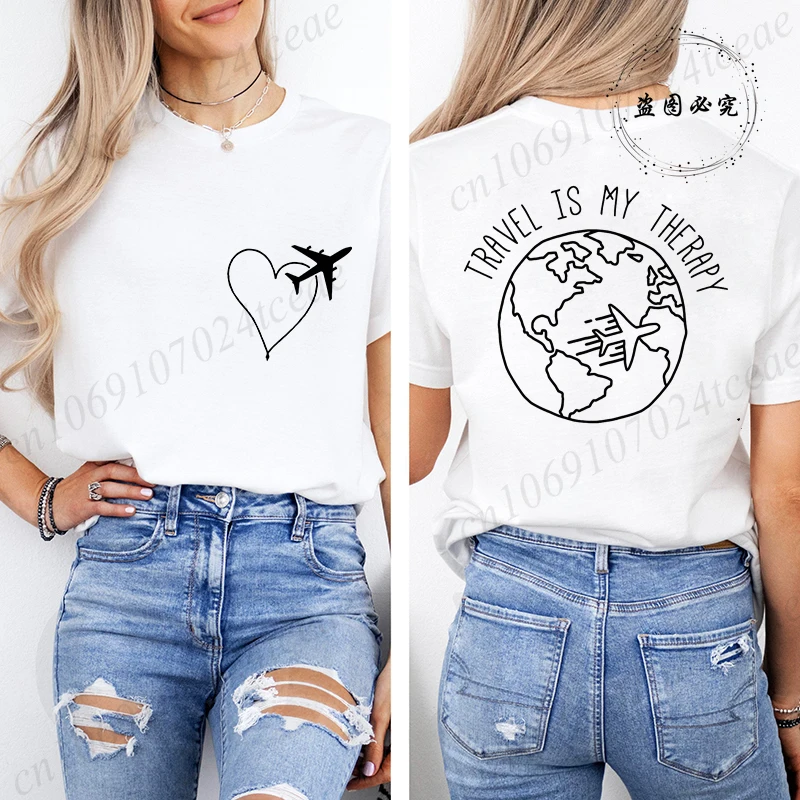 2026 Travel Is My Therapy Printed T-Shirt for Women,travel Graphic Tee Shirts  Summer Short Sleeve Tops,summer Fashion Tee T-Shirts