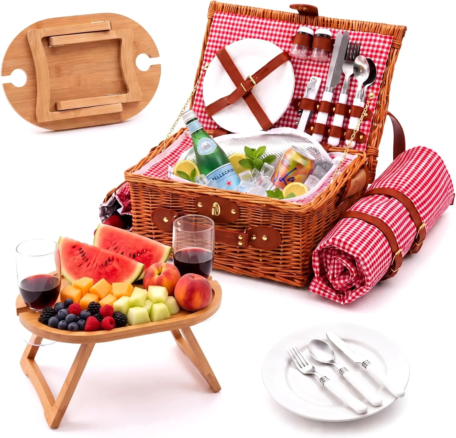 Wicker Picnic Basket Set Designed for 2 Adults, Comes with a Table and Blanket