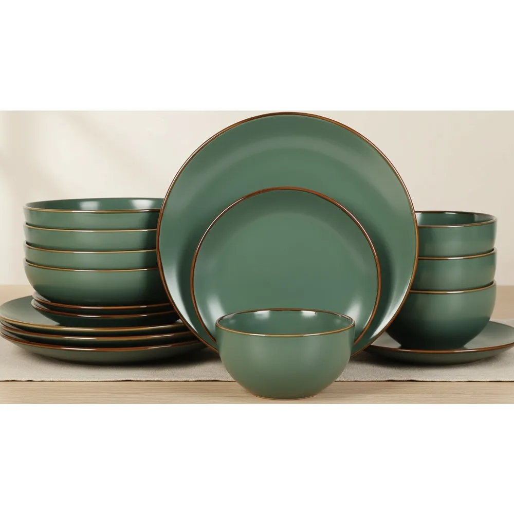 

Modern Stoneware 16-Piece Dinnerware Set for 4, Green Plates Bowls Dishwasher Microwave Safe Farmhouse Style