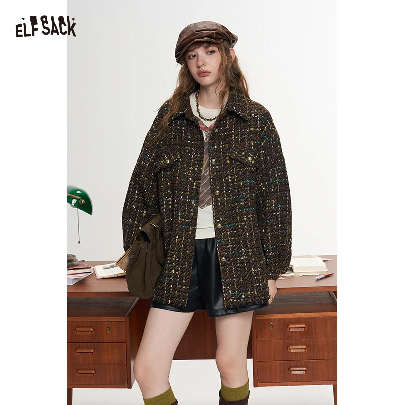 ELFSACK Women Vintage Tweed Shirt‑Style Jacket with Lapel Collar, Oversized Outerwear Daily Wear