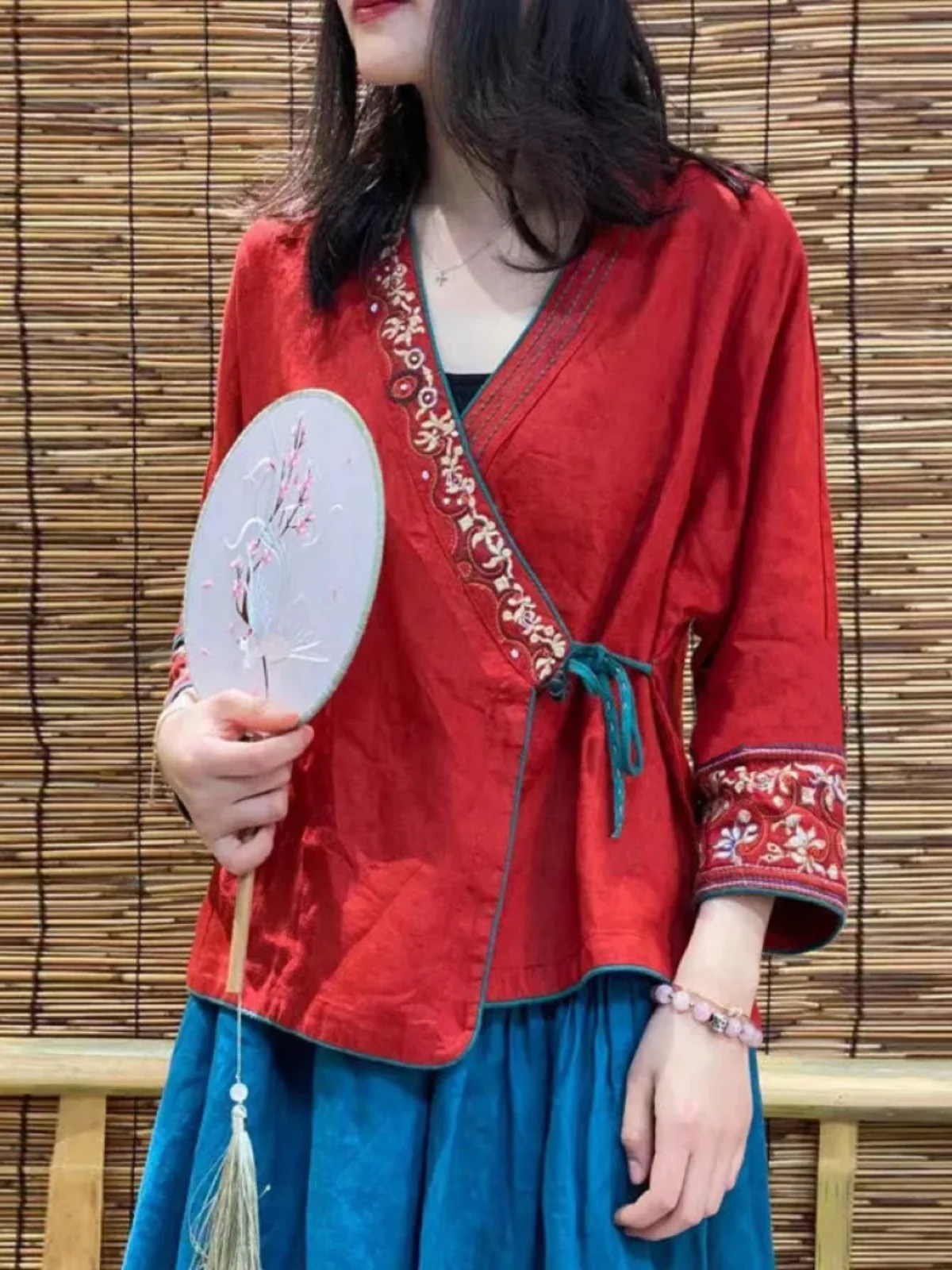 

New Chinese Sle Cotton Linen Printed Top Retro Oblique Collar Embroidered irt Artistic Tea Clothing Seven Sve Cotton L...