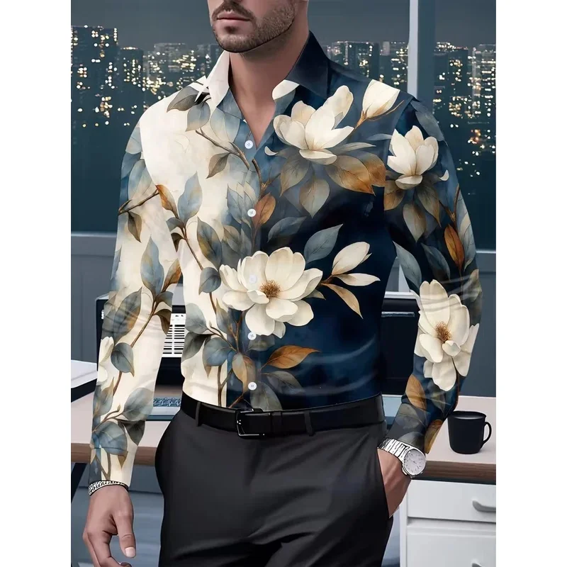 New luxury men's 3D flower star printed button up shirt slim fit long sleeved collar shirt men's lapel shirt top