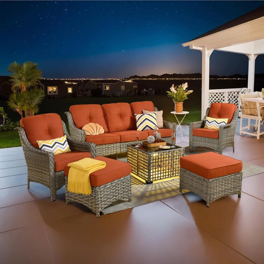 Outdoor 6 Pieces Coversation Set with Glowing Coffee Table, Patio Furniture High Back Couch with Ottoman, Rattan Wicker 3-Seater