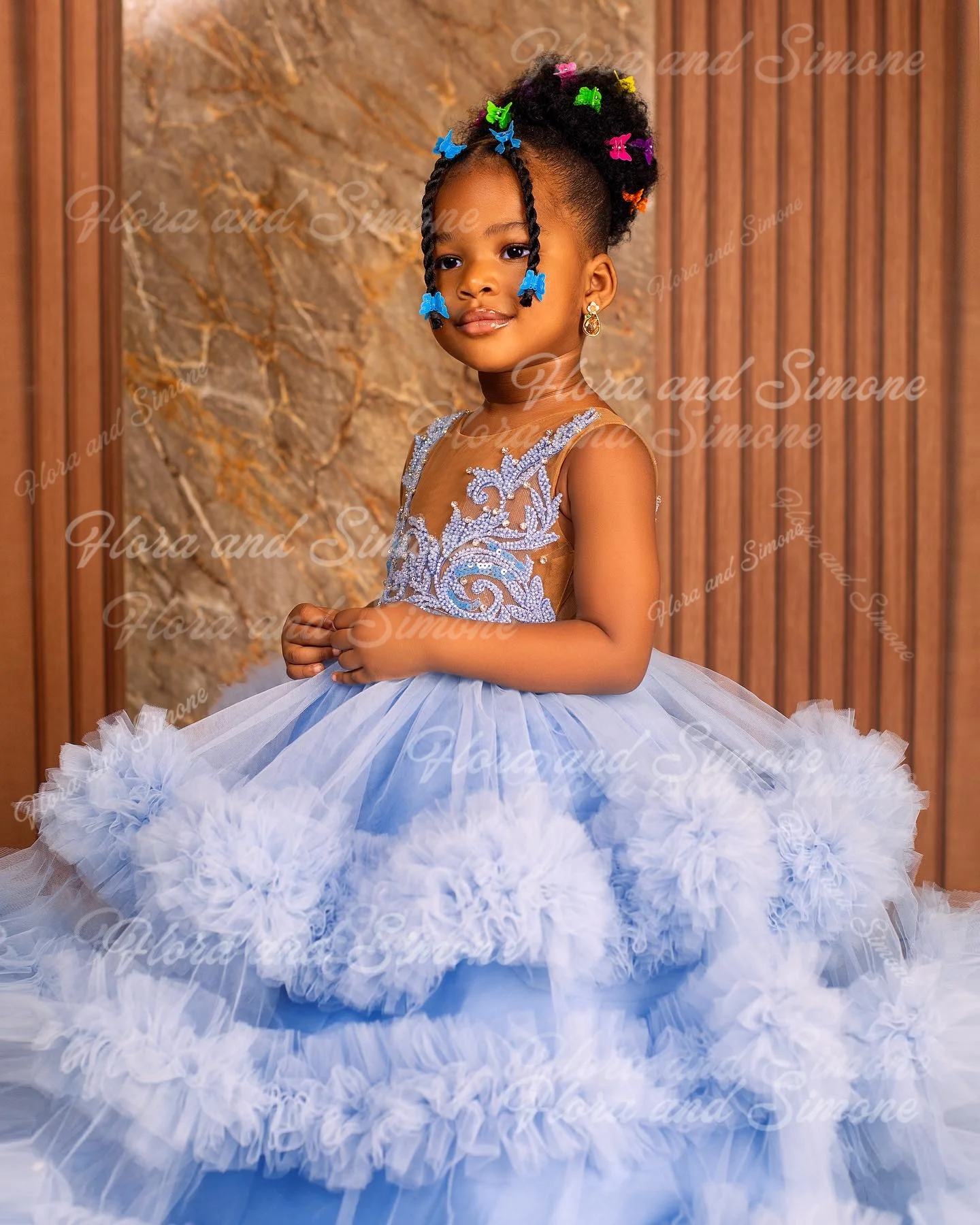 Vestido de princesa azul con flores para niña, vestido de baile personalizado con gradas de tul, vestido de niña de flores, Reina pequeña para fiesta de boda