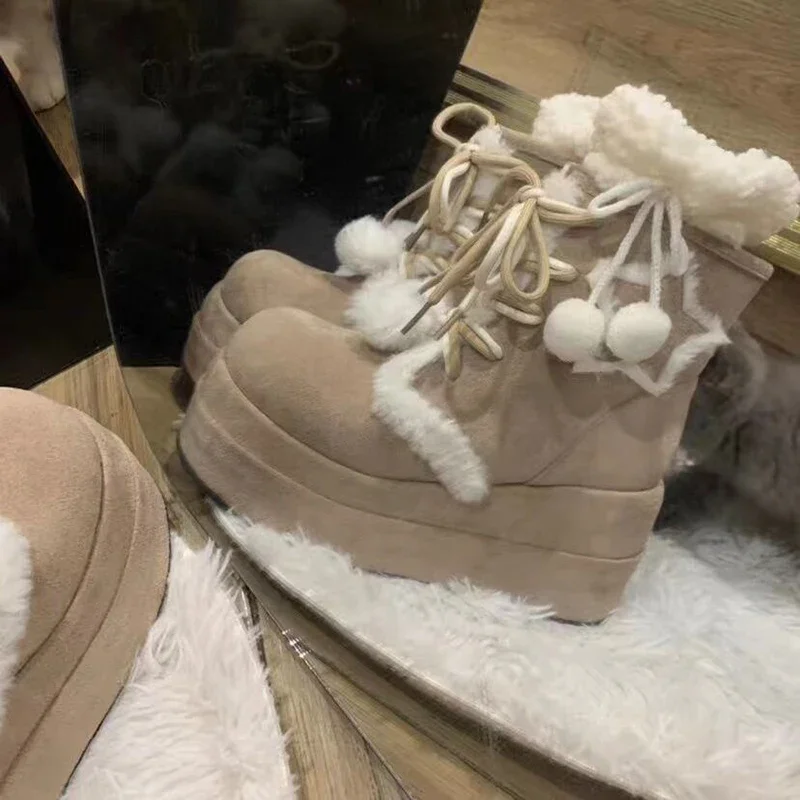 

Platform Heel Women Warm Plush Snow Boots Fashion Cross Tie Straps Short Booties Winter Concise Women's Cotton Shoes