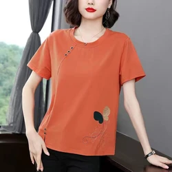 Korean Fashion Summer New Pure Cotton Women's O-Neck Embroidered Button Patchwork Casual Loose Short Sleeve T-Shirts Tops