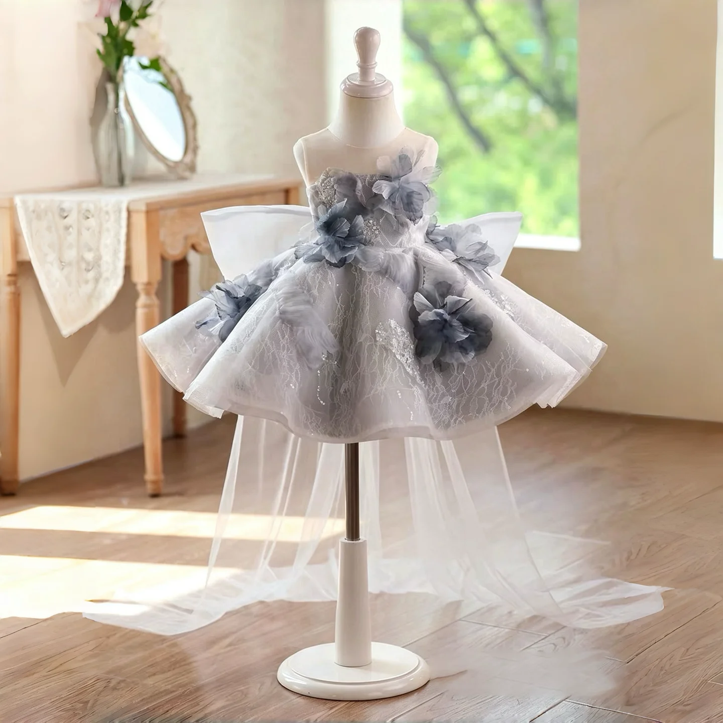 Jill Wish D271 Elegant Kids Girls Strapless Dress with 3D Flowers and Sequins Tulle Party Gown for Wedding Birthday Performance