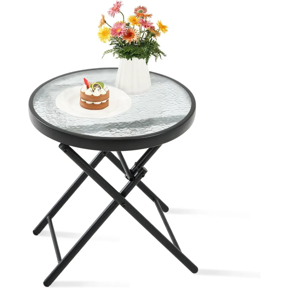 

Outdoor Side Tables - Folding Patio End Table with Tempered Glass Tabletop, Portable Bistro Coffee for Porch Yard,