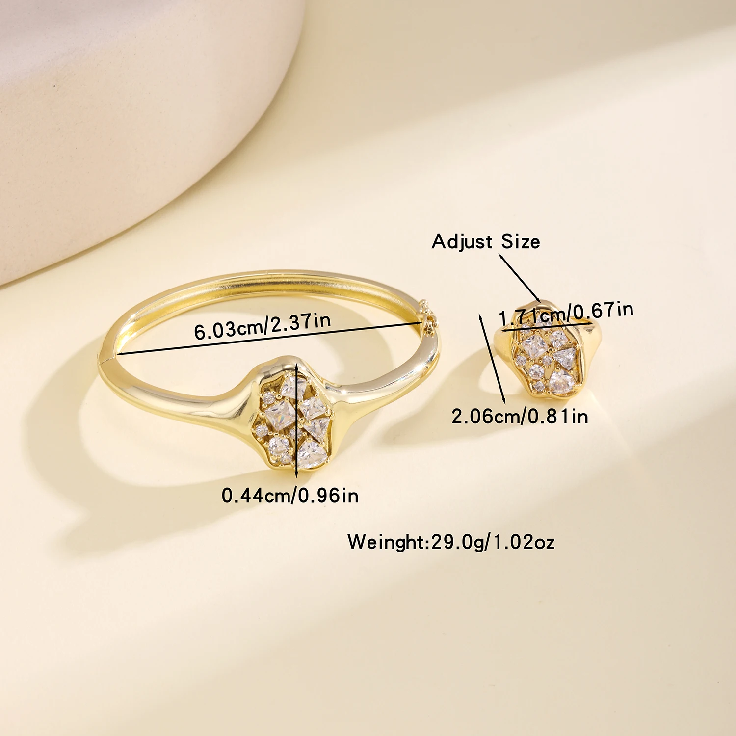 Nidin Trendy Bangle Ring Jewelry Set Irregular Geometric Pave CZ Crystal Zircon For Women Engagement Wedding Party Jewelry Gifts