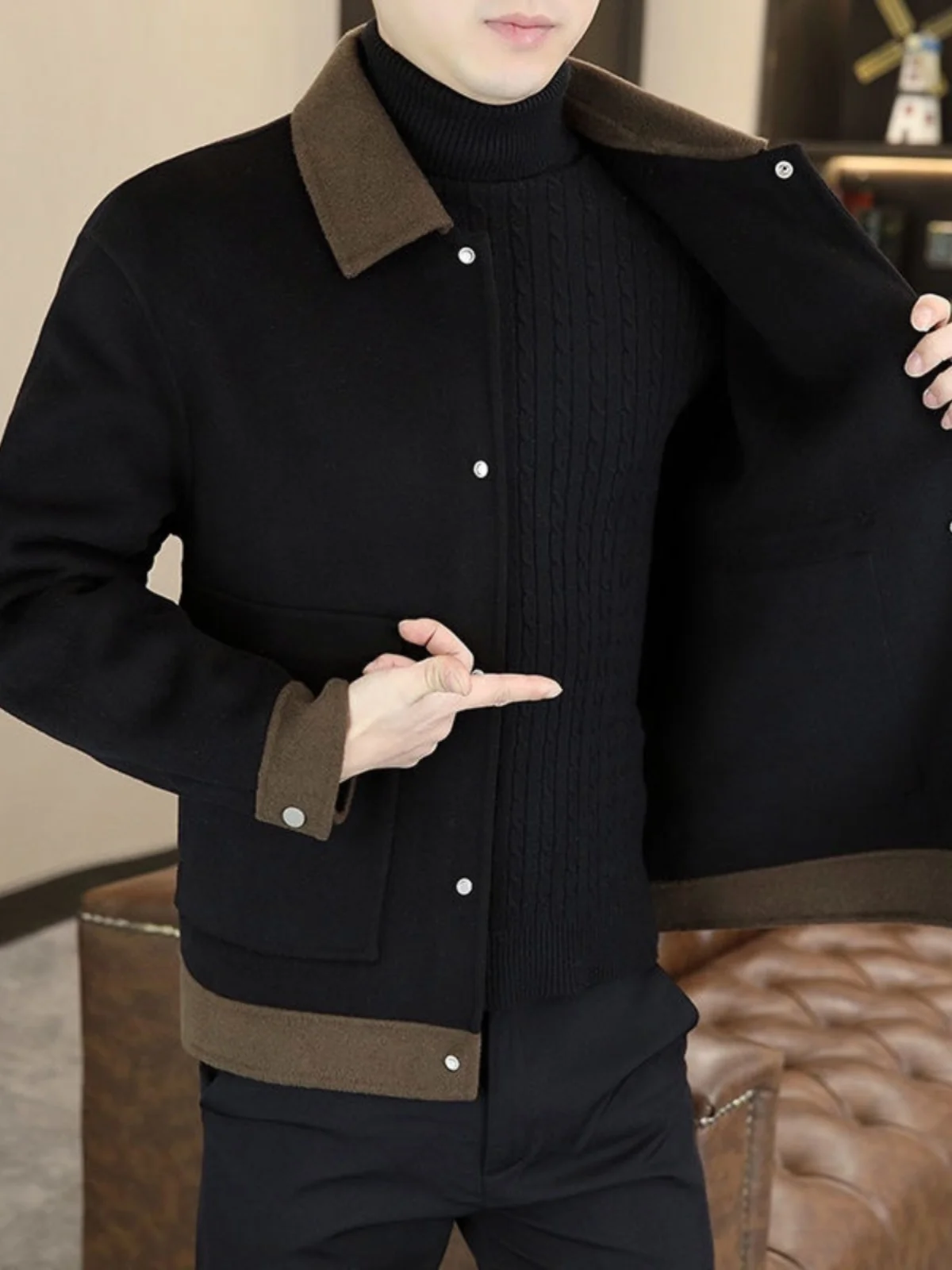 

Double-Sided Woolen Men's Jaet ort Sli Comfortable Slim Fit Autumn Winter Faionable Coat Busin Casual Sle