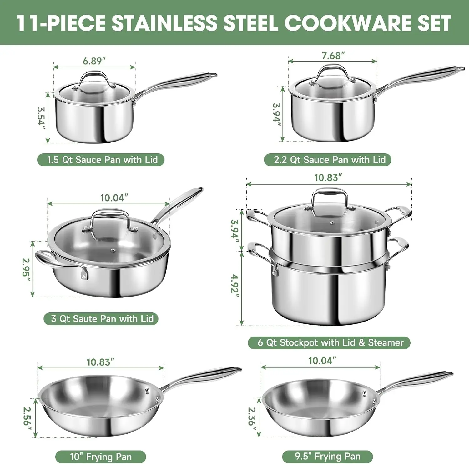 3 Ply Stainless Steel 11 Piece Cookware Set Lids Pots Pans Kitchen Non Toxic Induction Oven Dishwasher Safe Professional Chef Qu