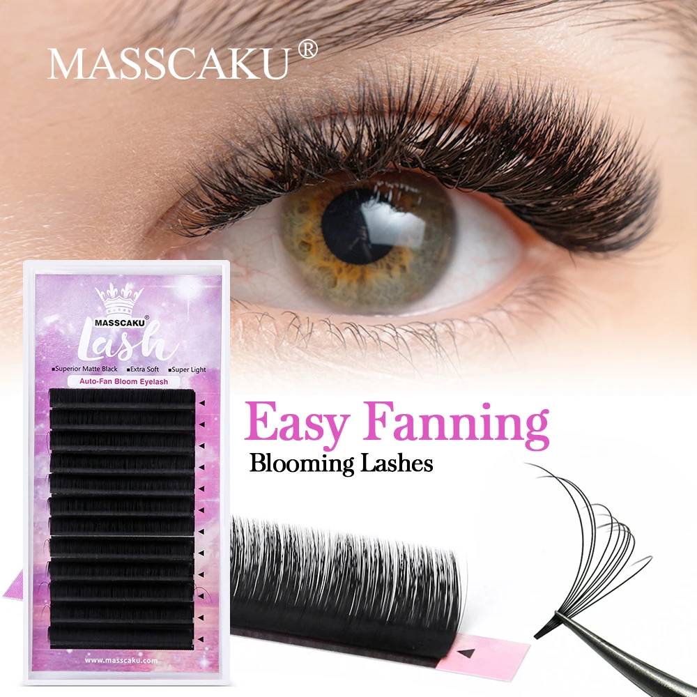 MASSCAKU Eyelash Extension D Curl 0.07 Rapid Volume Lash Extensions Easy Fan Automatic Blooming Flower Lashes