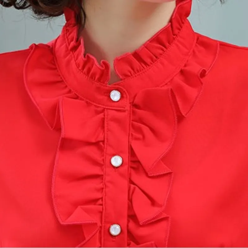 Spring Autumn Women\'s Clothing Standing Collar Patchwork Button Ruffles Solid Color Fashion Commuter Long Sleeve Chiffon Shirt