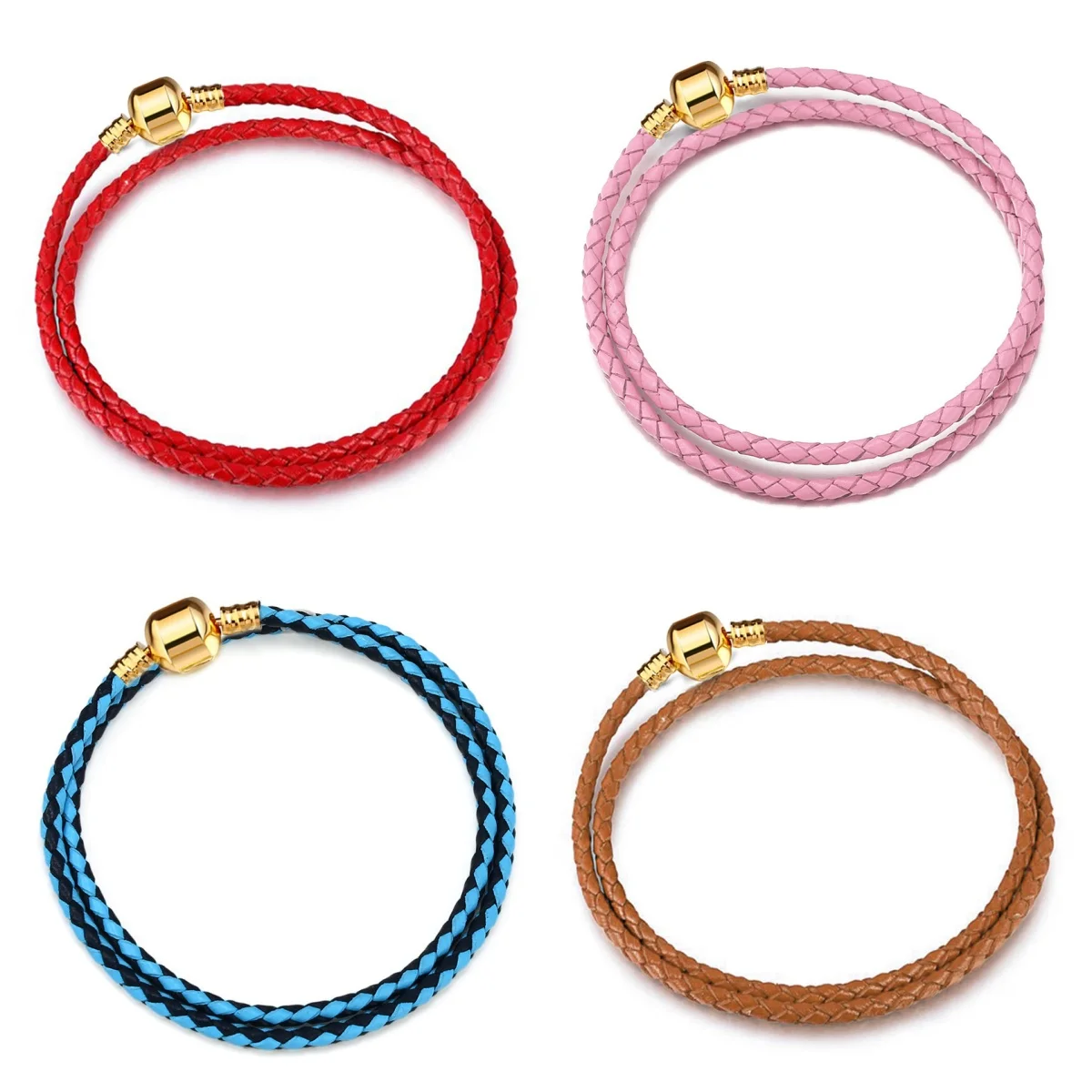 New Gold Plated Beads Buckle Double Circle Charms Leather Birthday Bracelet DIY Women Jewelry Accessories Gifts ﻿