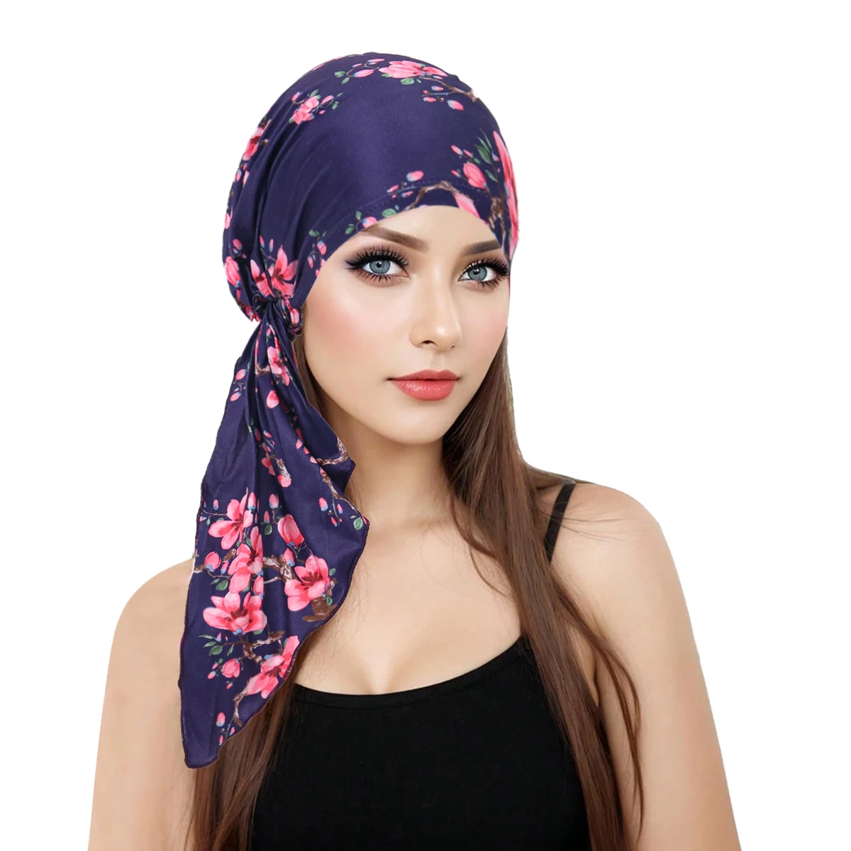 

Trendy Muslim Women Soft Strech Turban Hat Headbands Pre-Tied Head Scarf Printed Ladiess Chemo Cap Inner Hijabs Hair Accessories