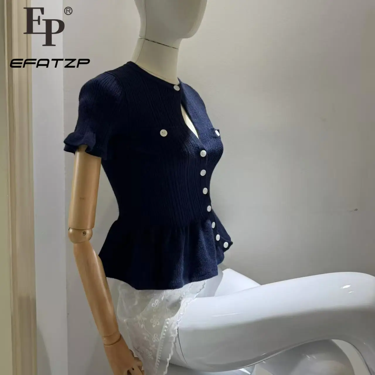 

Dark Blue Knitted Top Women 2025 New Fashion Short-sleeved Hollow Out Ruffled Slanted Button Short Top 5250271