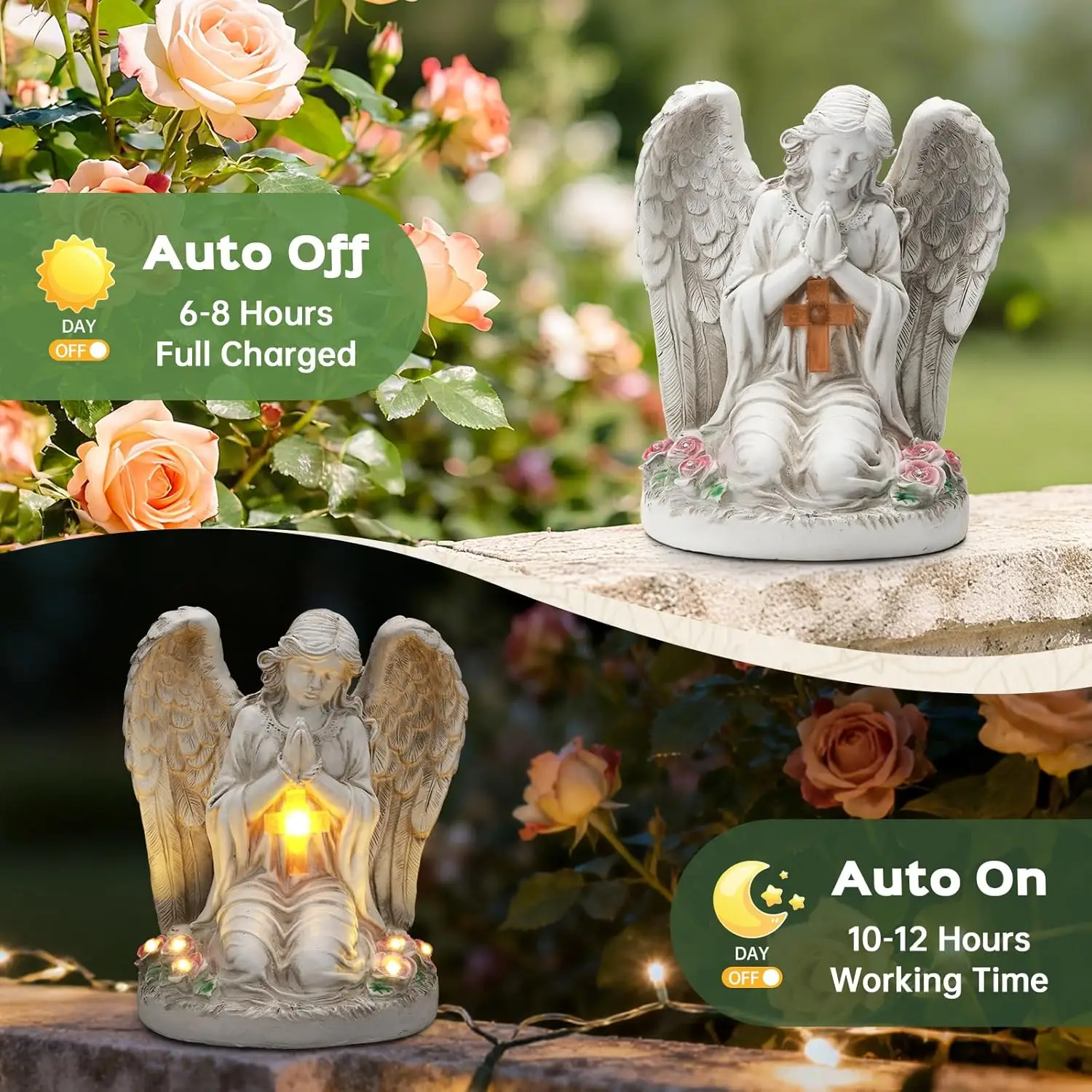 Outdoor Garden Solar Statue Light, Solar Angel Garden Statue Cemetery Decorations, Garden Resin Prayer Angel with Cross Statue Light, for Lawn Yard Patio Pathway Home Decor 2