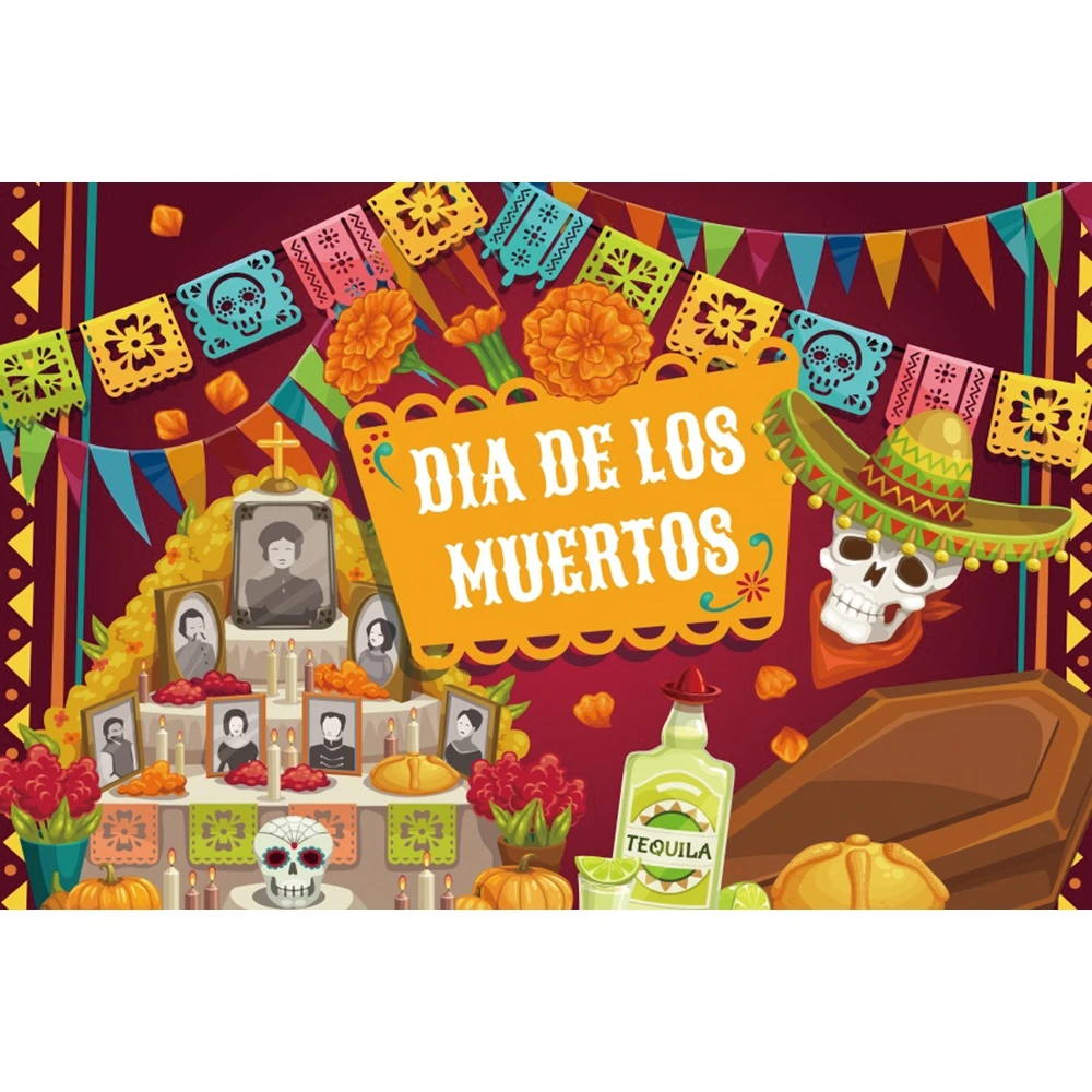 Mexico Day Of The Dead Backdrop Mexican Fiesta Sugar Skull Marigold Dress-up Party Decor Photographic Background Photo Studio