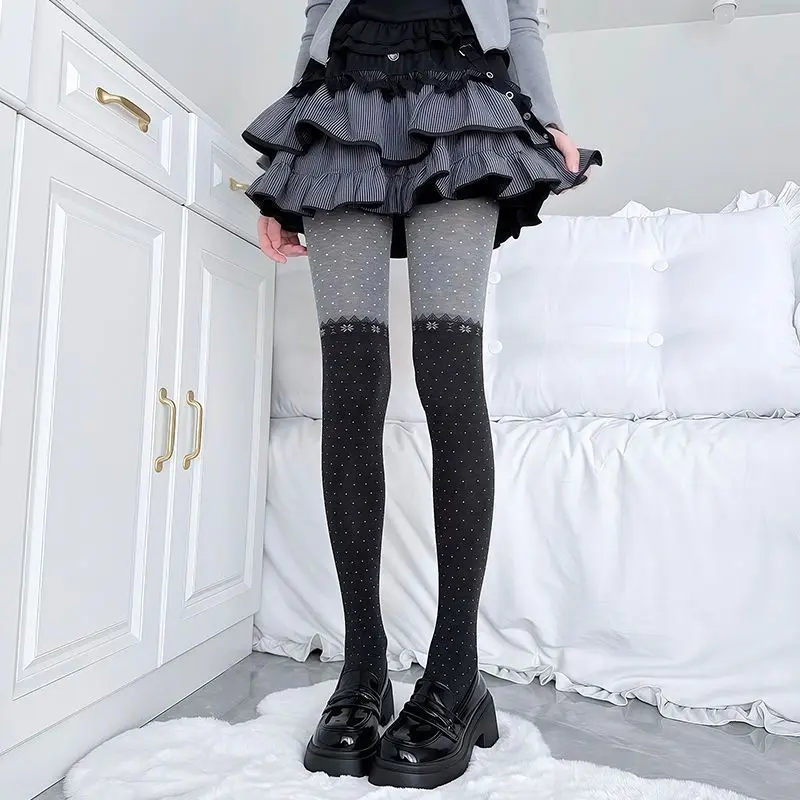 Japanese Style Patchwork Keep Warm Pantyhose Dots Autumn Kawaii JK Girl Christmas Knitted Bottom Socks Tights