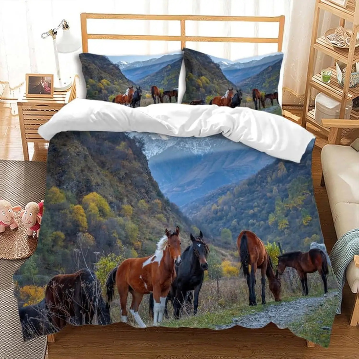 

Комплект из 3 предметов: пододеяльник с принтом лошадей, набор постельного белья с животным принтом, декор для спальни в стиле загородного фермерского дома, постельное белье в природном стиле