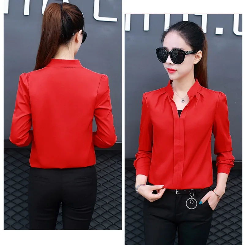 Spring And Summer Classic Long Sleeved Chiffon Stylish Blouses Fashion Work Loose Tops V Neck Slim Fit Formal Casual Shirts