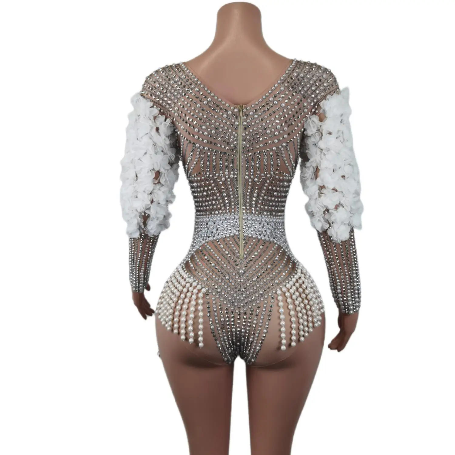 Sexy Women Beading Leotard Stage Performance Jumpsuit for Lady White Flower Pearl Bodysuit Dancer Birthday Evening Party Costume