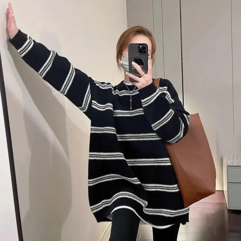 Ladies Mid Length Version Stripe Knitwear Autumn Winter Female Long Sleeved Knitting Lazy Wind Women Loose Fit Pullover Sweaters