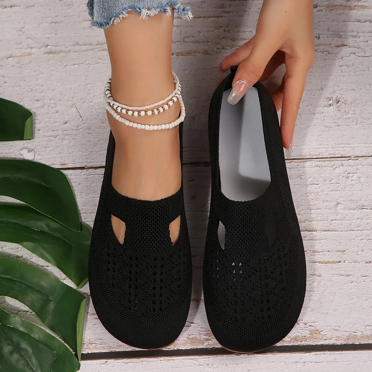 Loafers Autumn Casual Shoes Women Flat Heel Square Toe Hollow-out Sneakers Barefoot Shoes Moccasin Female Knitted Flats