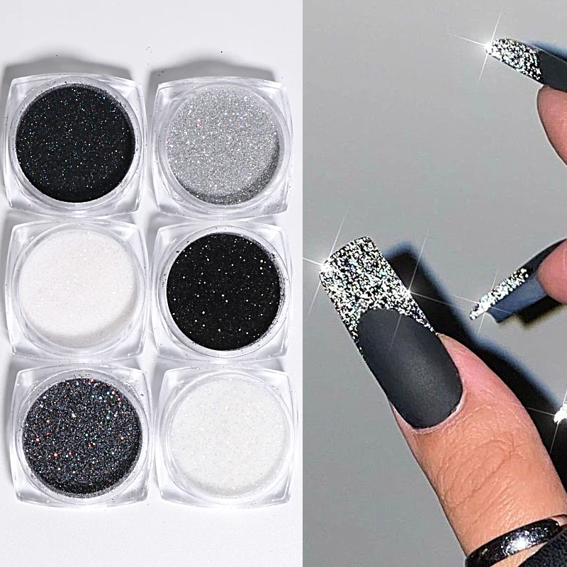 6 szt. Brokat do paznokci, drobny piasek, holograficzny brokat w proszku, czarno-biały odblaskowy pigment w płatkach, akcesoria do manicure