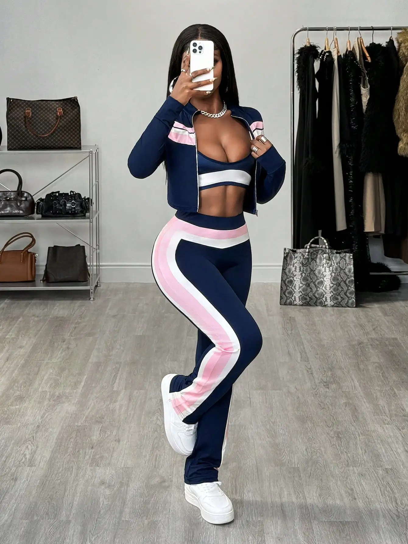 여성용 네이비 핑크 스트라이프 3피스 세트: 지퍼 재킷, 크롭탑 & 레깅스 (캐주얼 스트리트웨어)