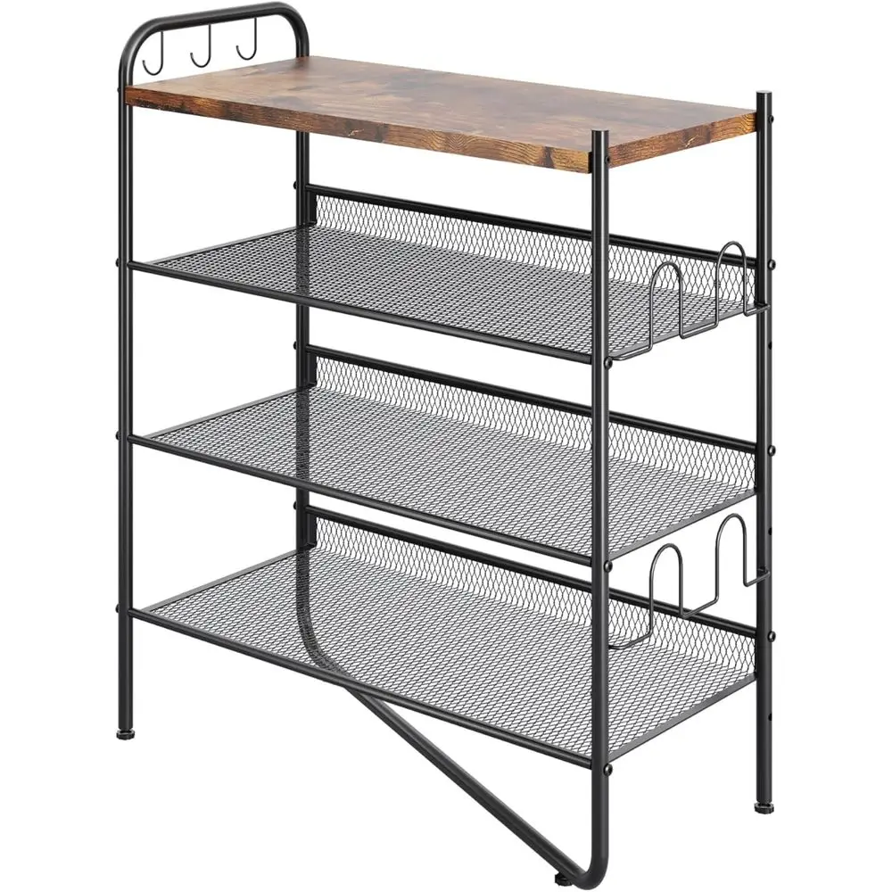 

4-ярусная металлическая полка для обуви в прихожую, органайзер для обуви, вмещает 15 пар, с деревянной полкой в деревенском стиле, коричневого цвета.