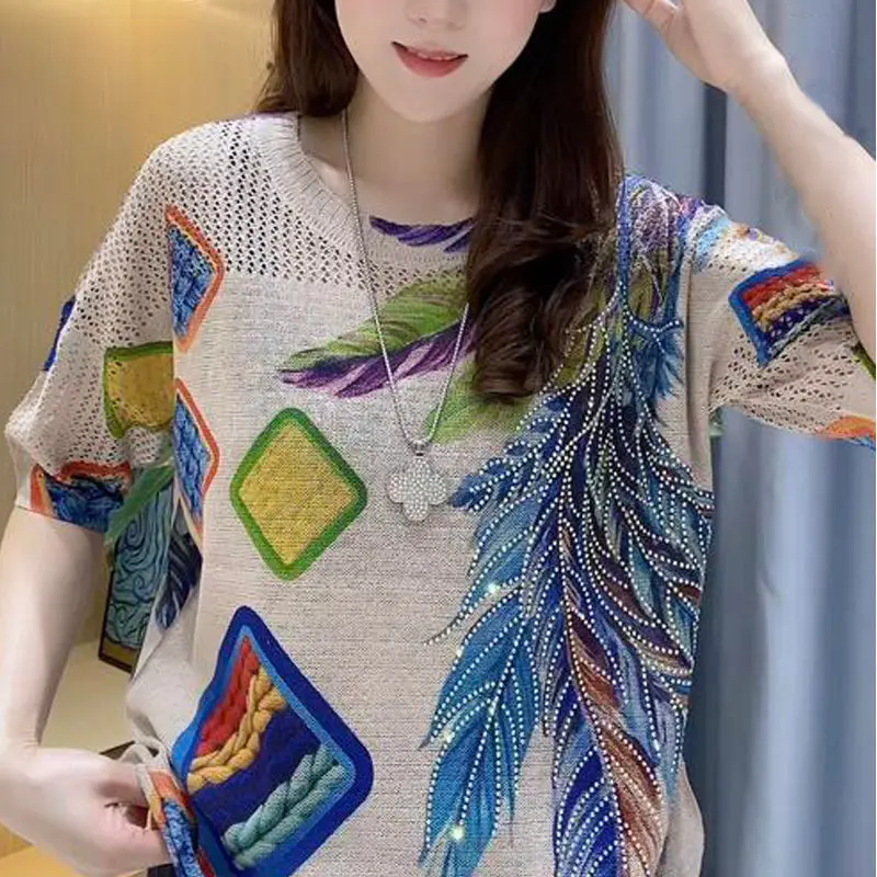 Rhinestone Vintage Print Hollow Out Round Neck Short Sleeve Loose Knitwears Women 2023 Summer Casual Pullover Knit Top Clothing