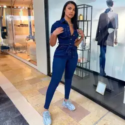 Rompers Denim Vintage Washed Jumpsuits Solid Distressed One Piece Single Breasted Slim Pencil Pants Pockets Spliced Casual 2024