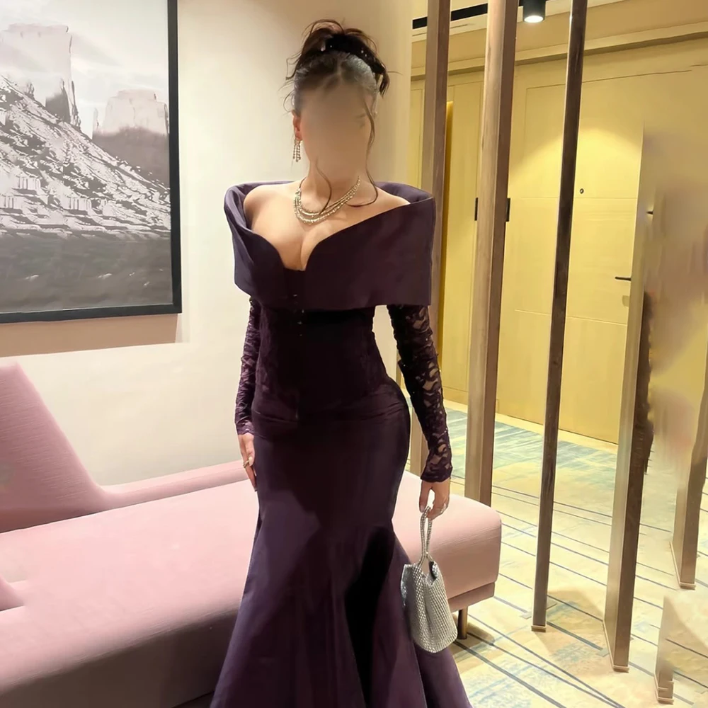 

Custom Made High Quality Off Shoulder Long Lace Sleeve Evening Dress Mermaid Sexy Backless Floor Length Saudi Arab Dress