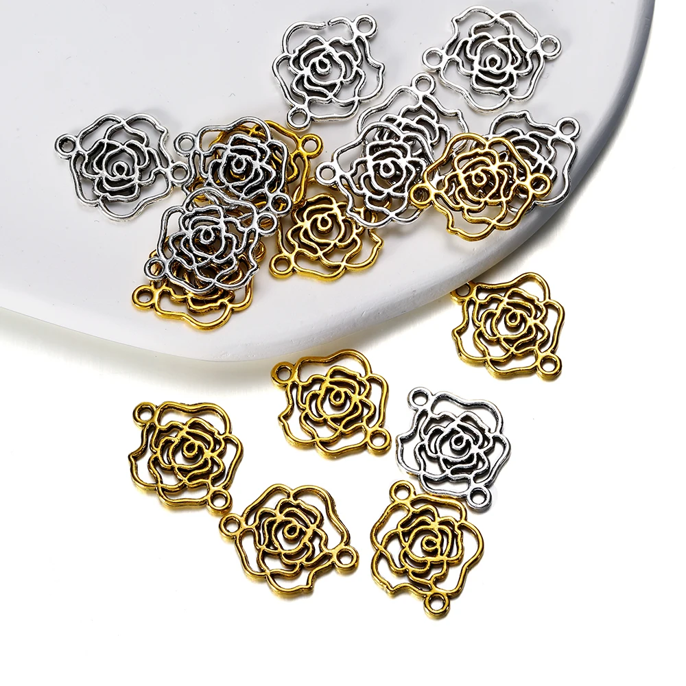 50pcs 17x13.5mm Hollow Flower Connector Gold Color Alloy Charms Pendants For DIY Bracelet Necklace Jewelry Making Accessories