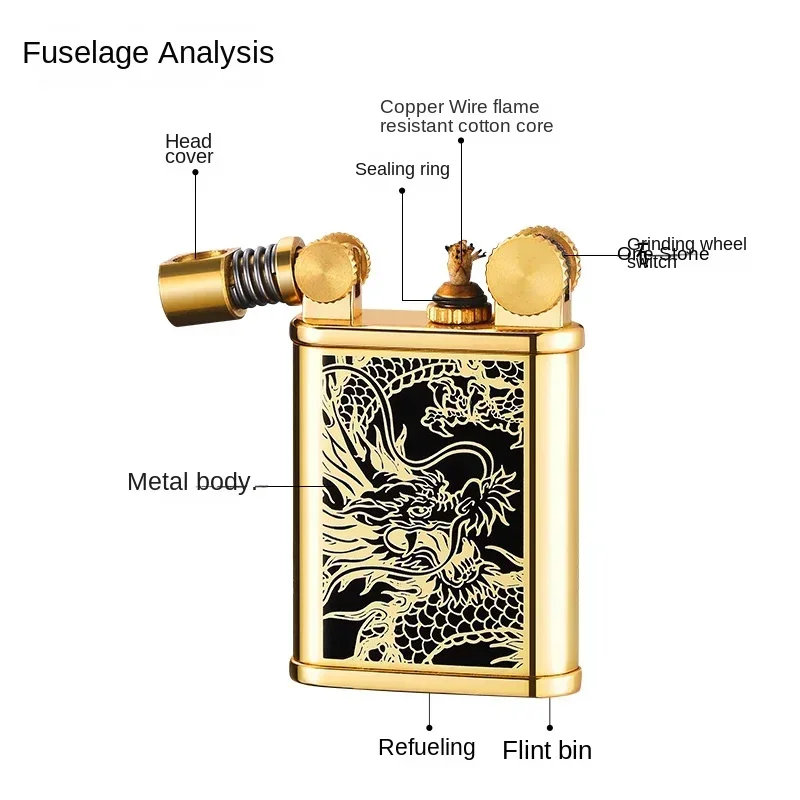 Metal Dragon-shaped Pattern Mechanical Ejection Shaking Head Ignition Retro Kerosene Lighter for Boyfriend, Good Quality