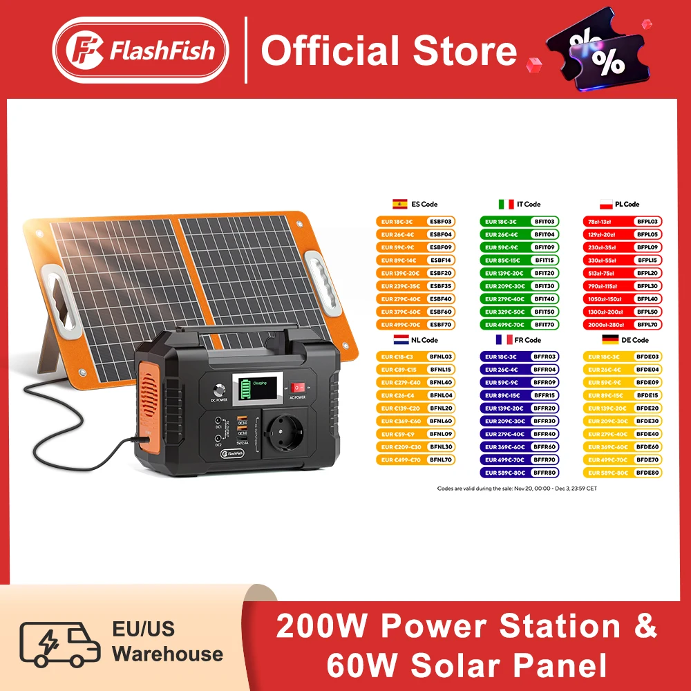 FF Flashfish E200 200W Przenośna Stacja Zasilania 151Wh Generator Solarny z 60W Składanym Panelem Solarnym Akumulator Kompletny Zestaw