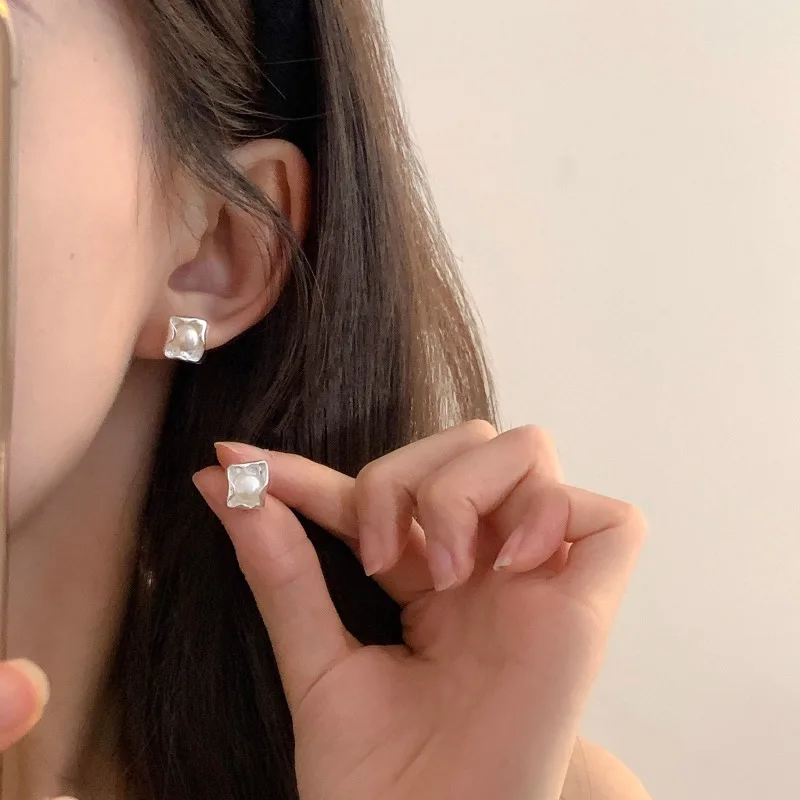 PANJBJ 925 Sterling Silver Geometry Block Studs Earrings For Women Pearl Frosting Design Sweet Jewelry Gift Dropshipping