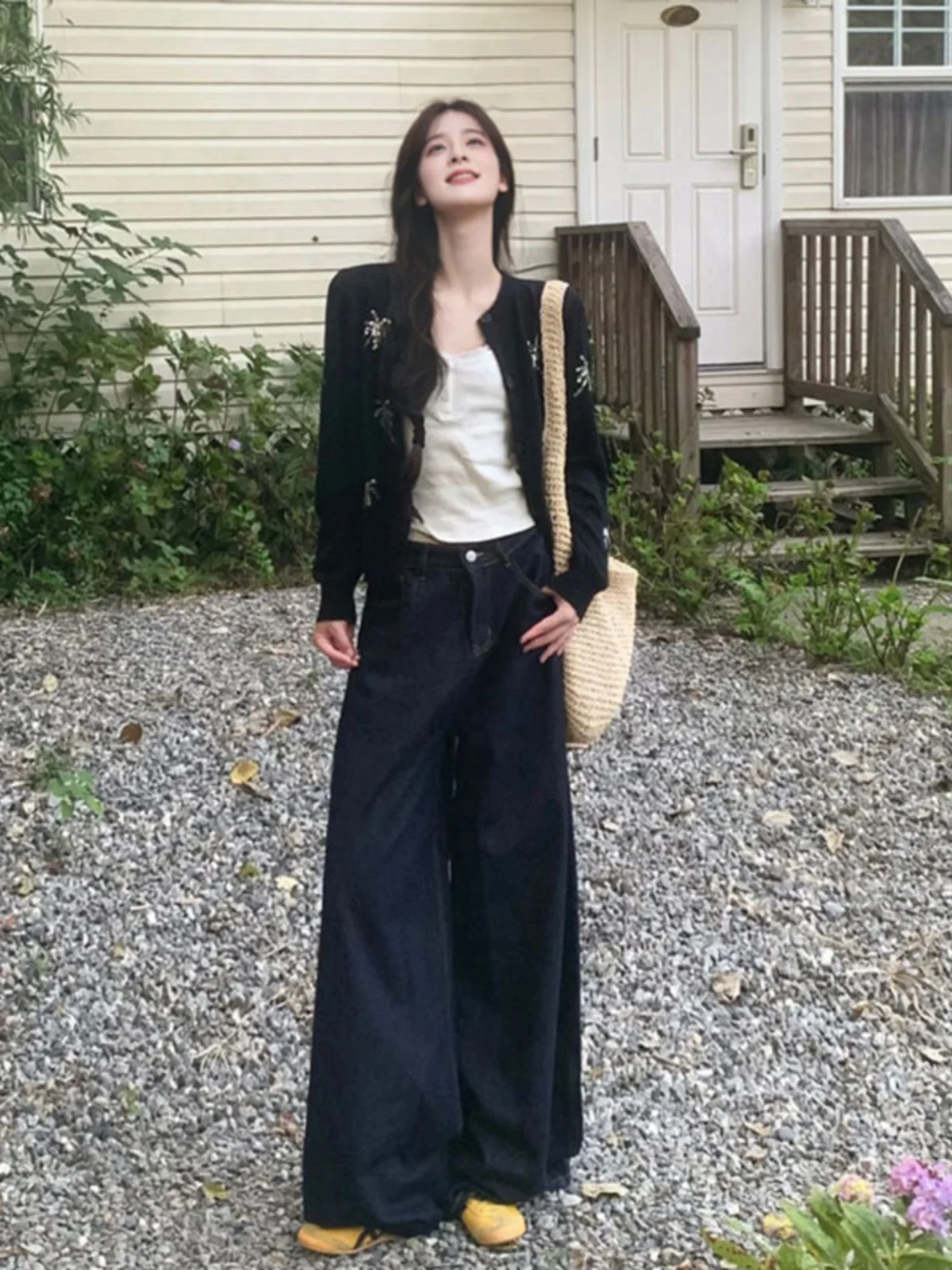 

Casual Knitted Cardigan Sweater And Wide Leg Jeans Two Piece Set Fashionable Spring Outfit Comfortable Cotton Blend Long Sleeve